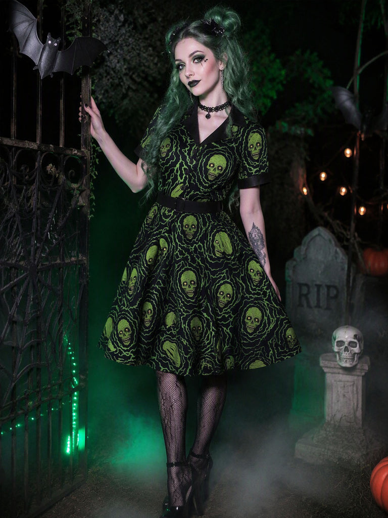 [Prevendita] Abito swing anni '50 verde e nero di Halloween con scheletri 4