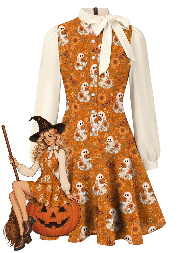[Prevendita] Abito anni '60 marrone di Halloween con fantasmi e fiocco floreale e colletto e bottoni