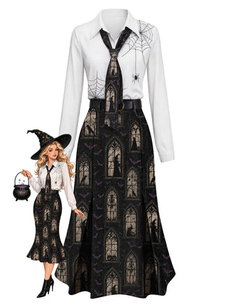 [Prevendita] Abito anni '30 nero di Halloween con ragnatele e castello della strega