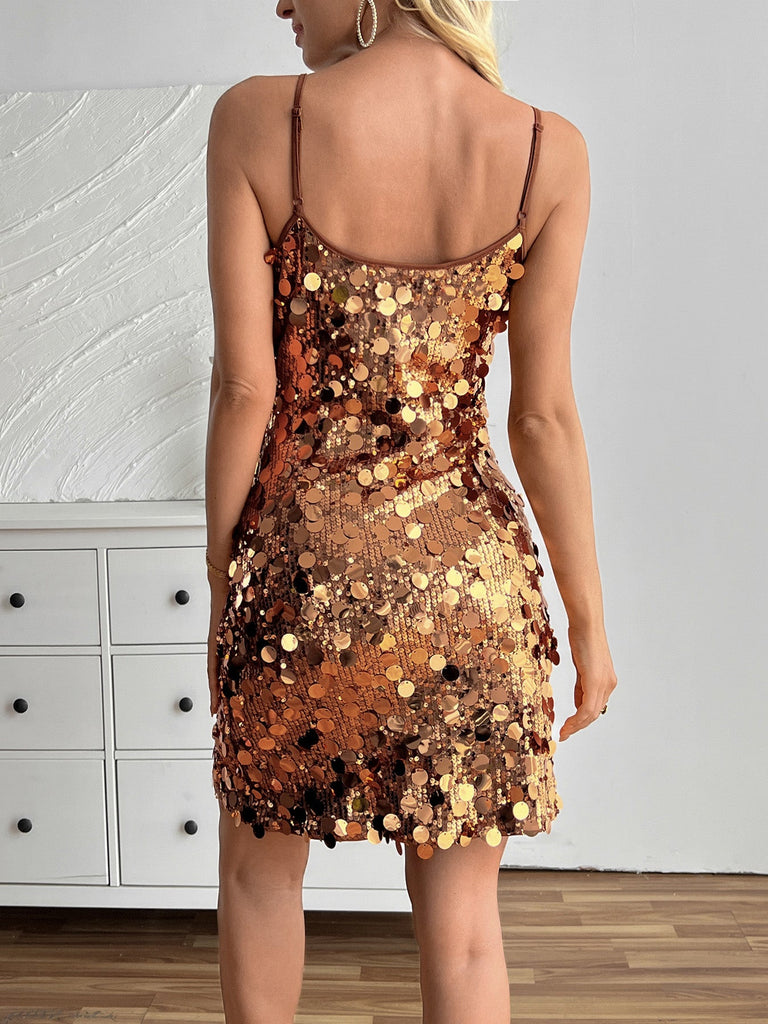 Mini abito dorato da festa a sottoveste aderente con paillettes Anni '60