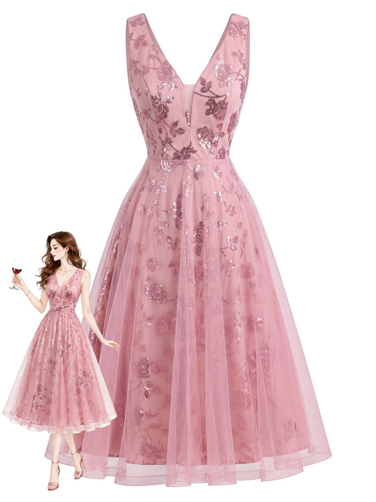 Abito Rosa Anni '50 in Tulle con Ricami Floreali di Paillettes e Scollo a V