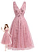 Abito Rosa Anni '50 in Tulle con Ricami Floreali di Paillettes e Scollo a V