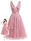 Abito Rosa Anni '50 in Tulle con Ricami Floreali di Paillettes e Scollo a V