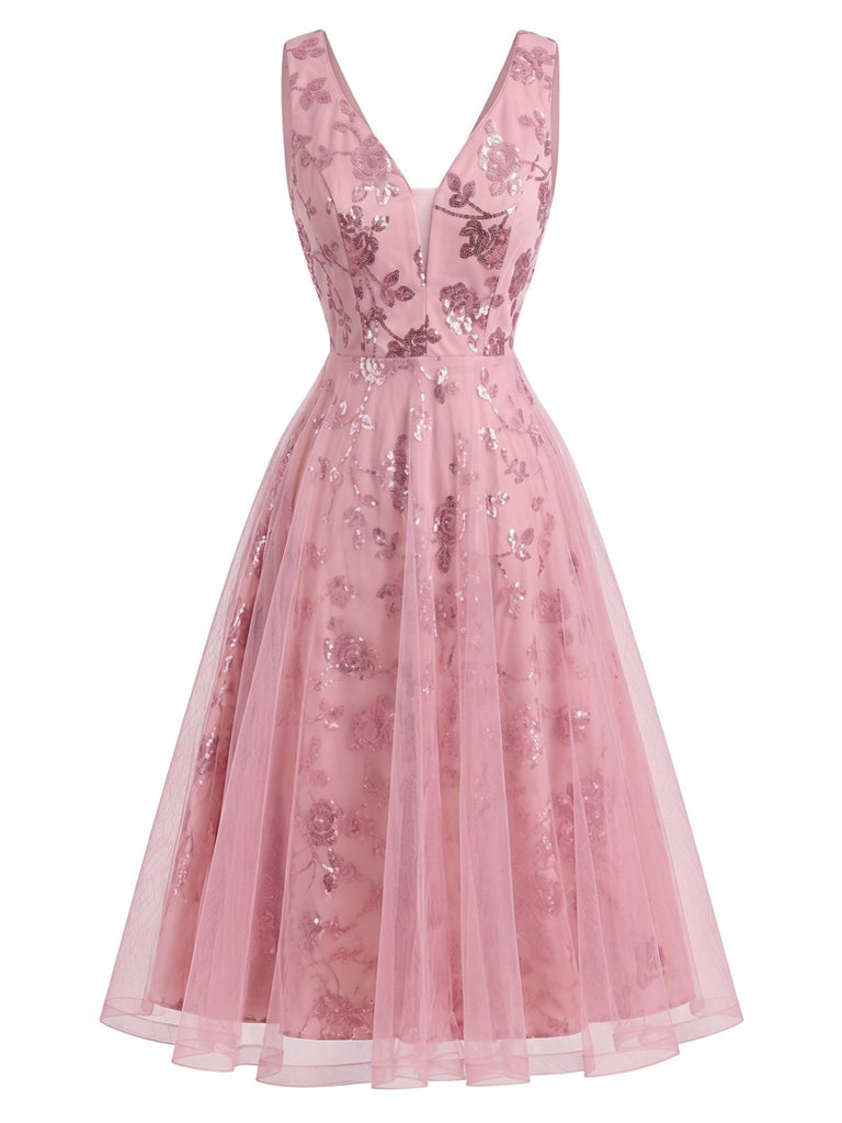 Abito Rosa Anni '50 in Tulle con Ricami Floreali di Paillettes e Scollo a V 2