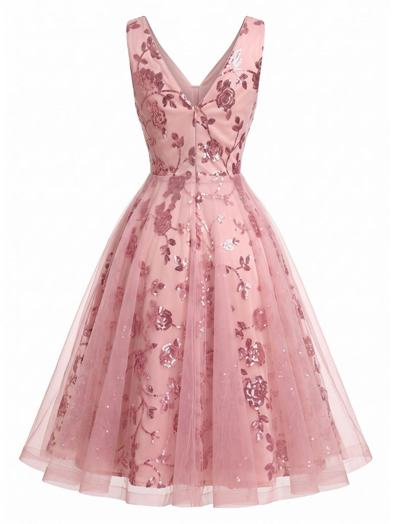 Abito Rosa Anni '50 in Tulle con Ricami Floreali di Paillettes e Scollo a V 3