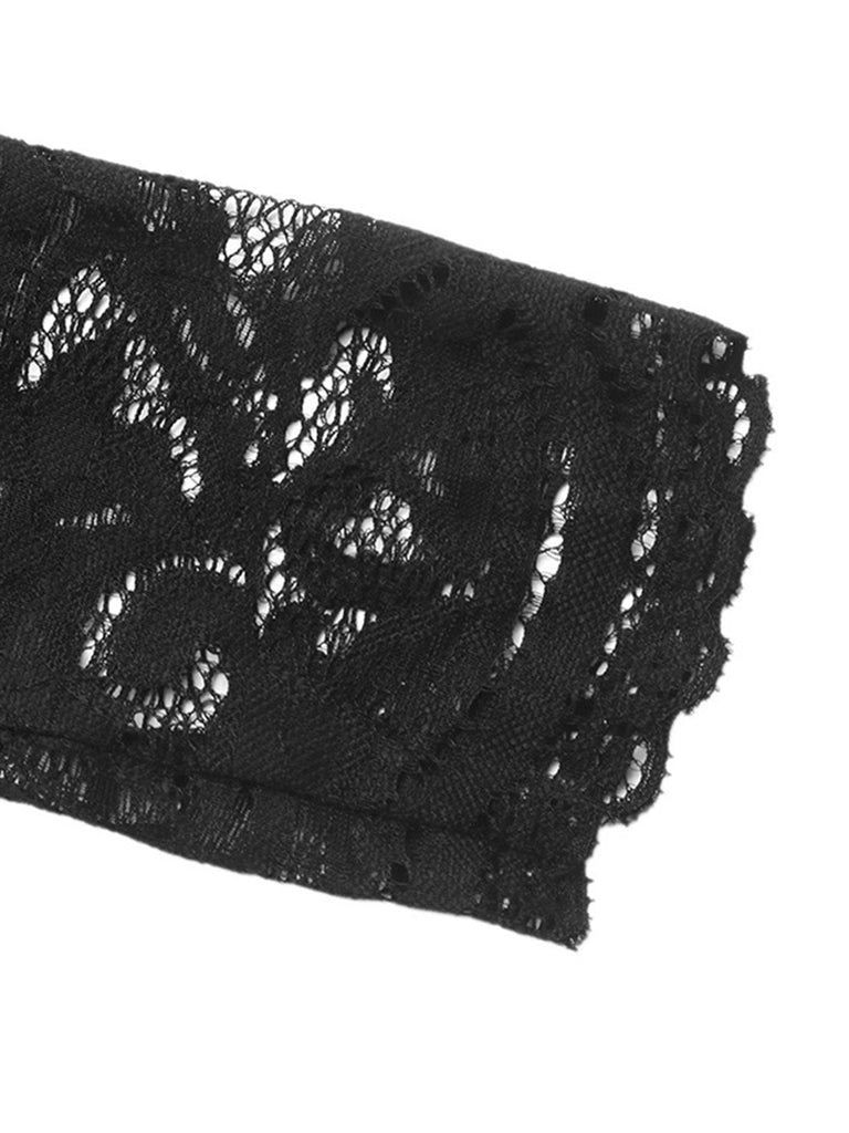 Tuta Lunga Nera in Pizzo con Scollo a V Maniche Lunghe e Gamba Larga Anni '50