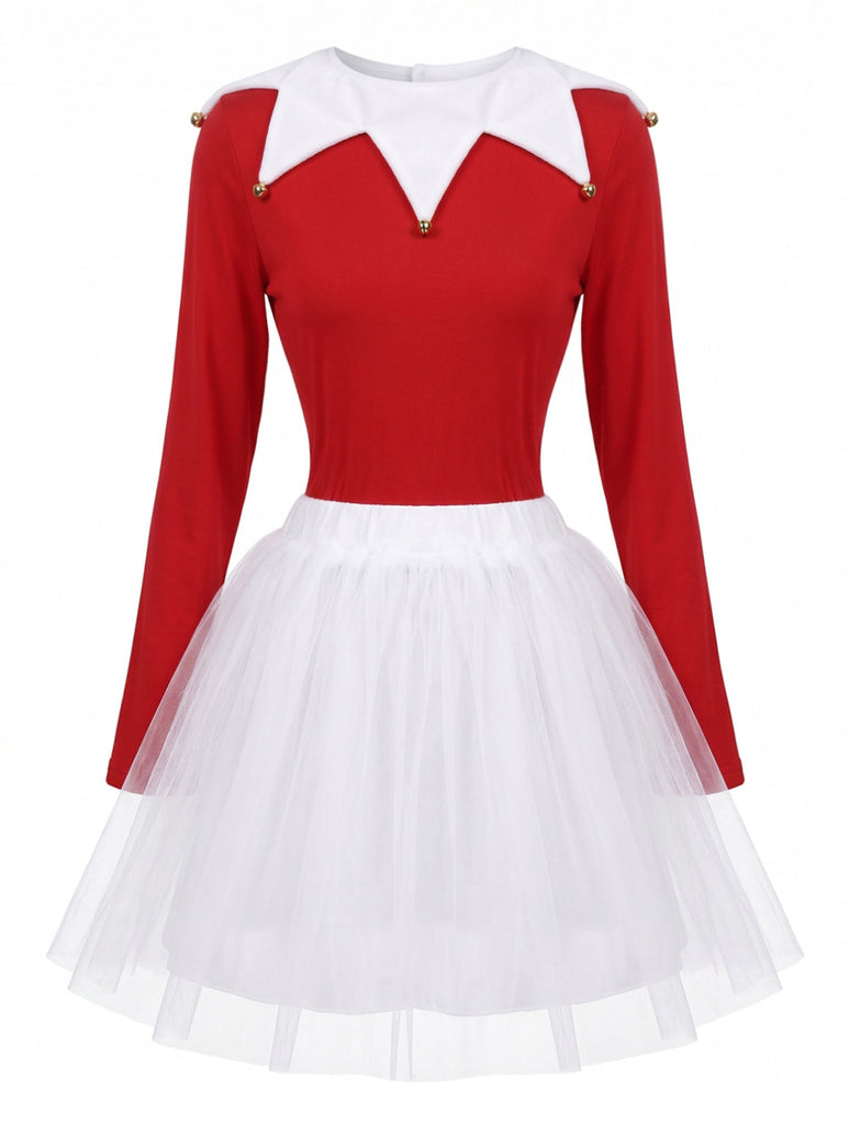 Completo Natalizio Rosso Anni '80 in Velluto e Tulle da Elfo con Colletto a Campanelli 2