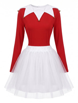 Completo Natalizio Rosso Anni '80 in Velluto e Tulle da Elfo con Colletto a Campanelli 2