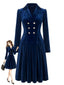 Abito Blu Navy Anni '50 in Velluto Doppiopetto con Revers e Pieghe