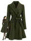 Cappotto Verde Scuro Anni '50 con Cintura Revers Dentellati e Orlo Svasato