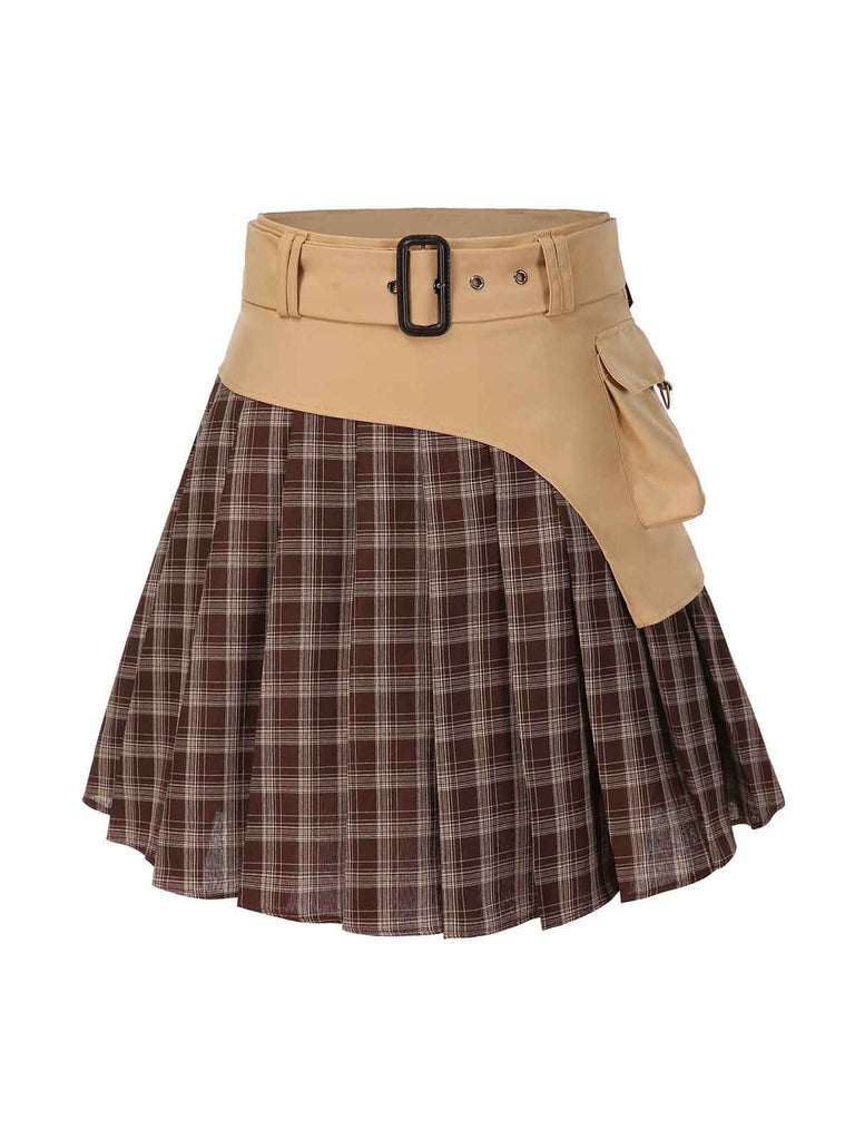 [Prevendita] 2PCS Giacca patchwork a quadri e gonna plissettata cachi anni '60