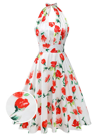 Abito rose acquerello scollo all'americana bianco anni '50