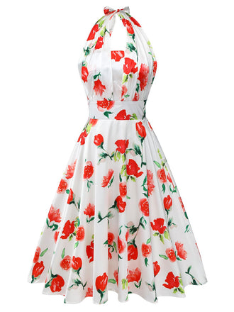Abito rose acquerello scollo all'americana bianco anni '50