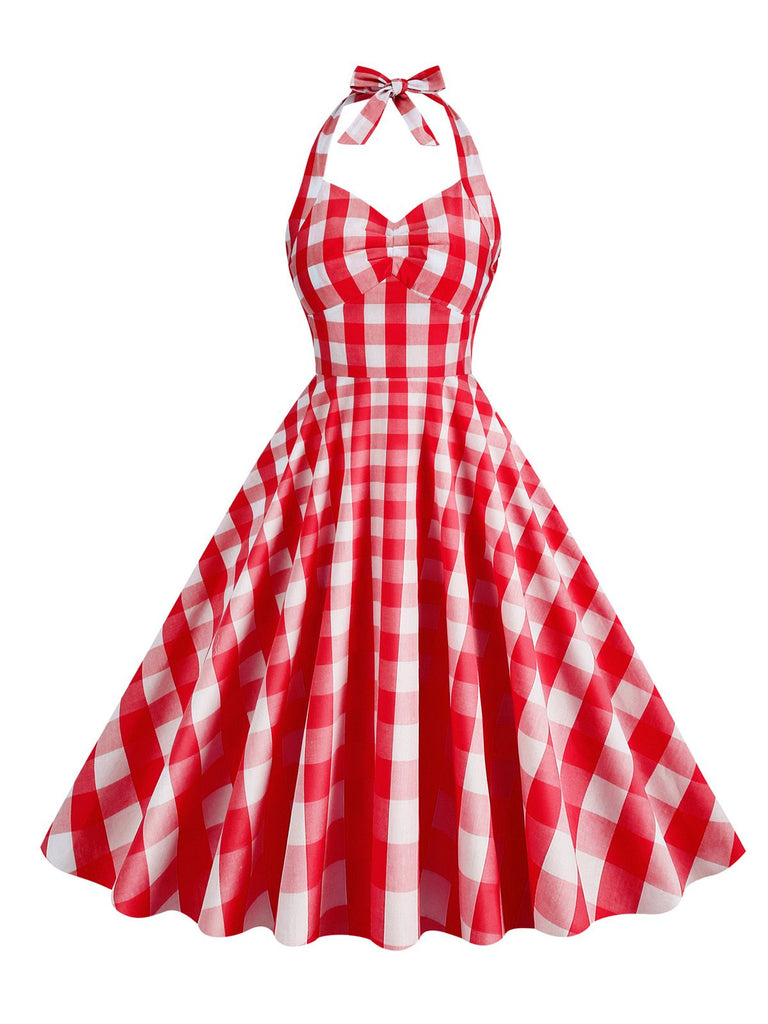 Abito a ruota plaid con scollo all'americana anni '50