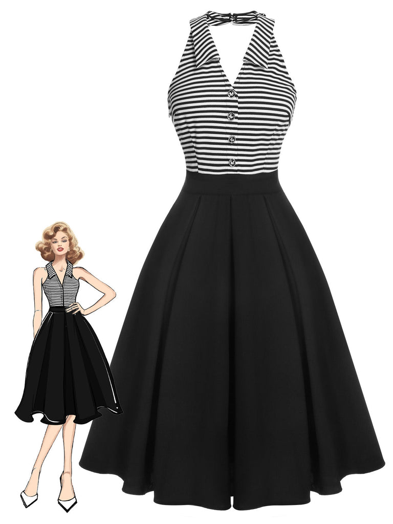 Abito patchwork e righe scollo all'americana nero anni '50