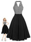 Abito patchwork e righe scollo all'americana nero anni '50