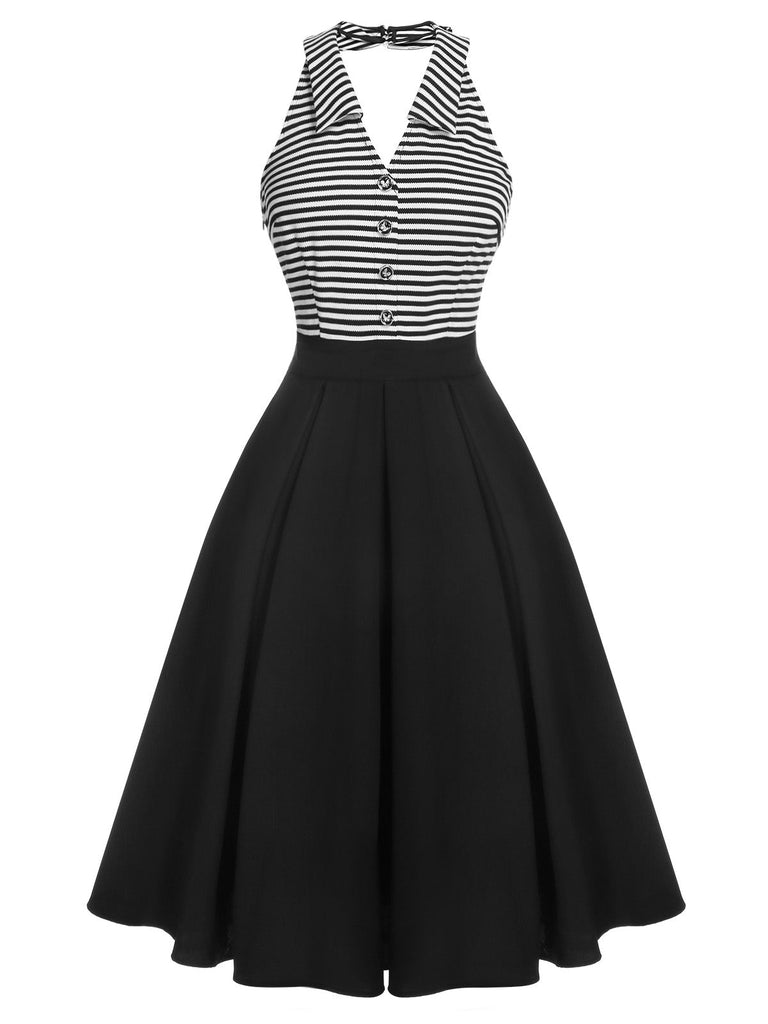 Abito patchwork e righe scollo all'americana nero anni '50