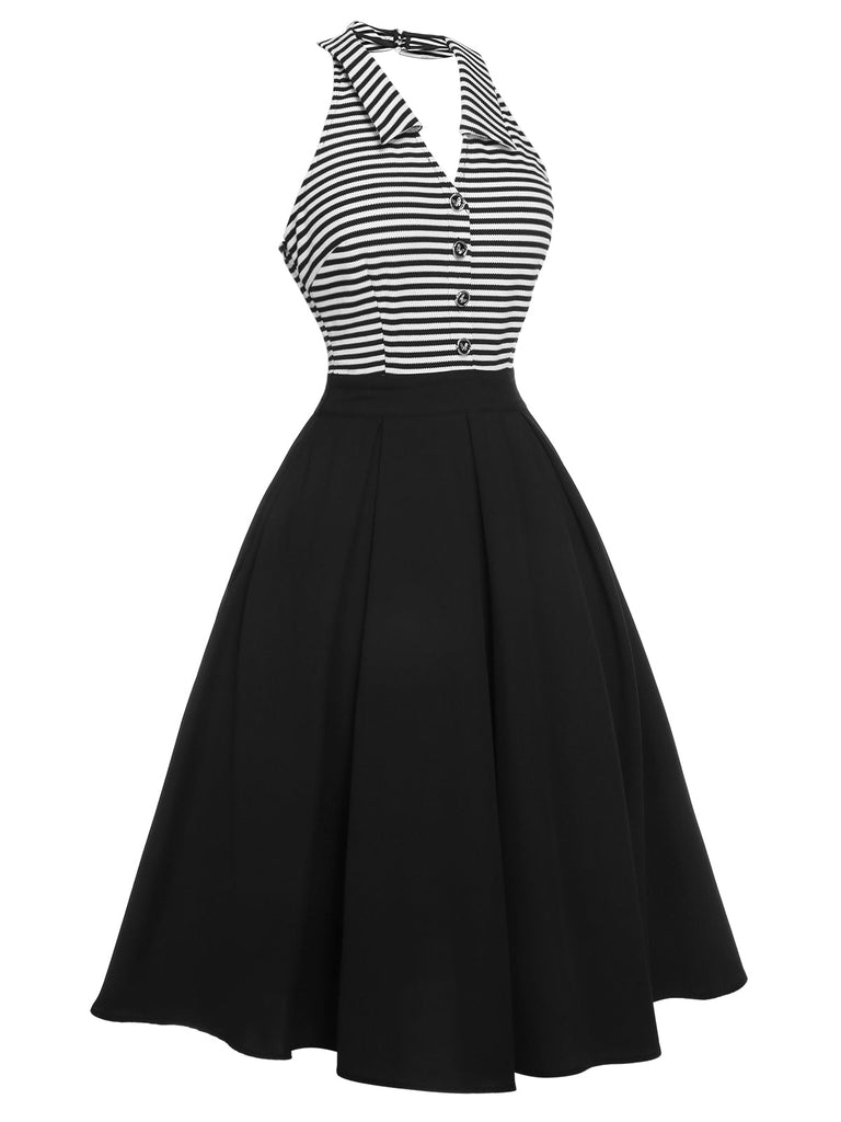 Abito patchwork e righe scollo all'americana nero anni '50