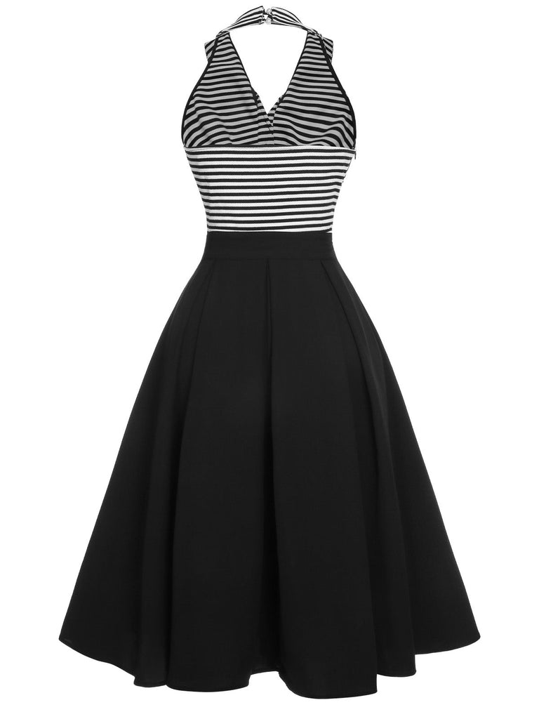 Abito patchwork e righe scollo all'americana nero anni '50