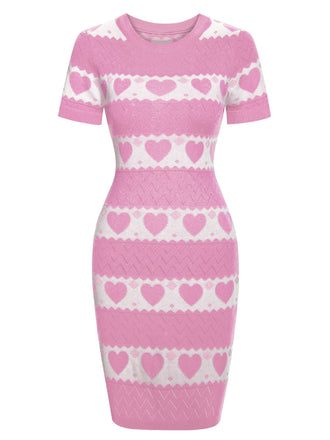 Abito in maglia a cuore a contrasto rosa anni '60