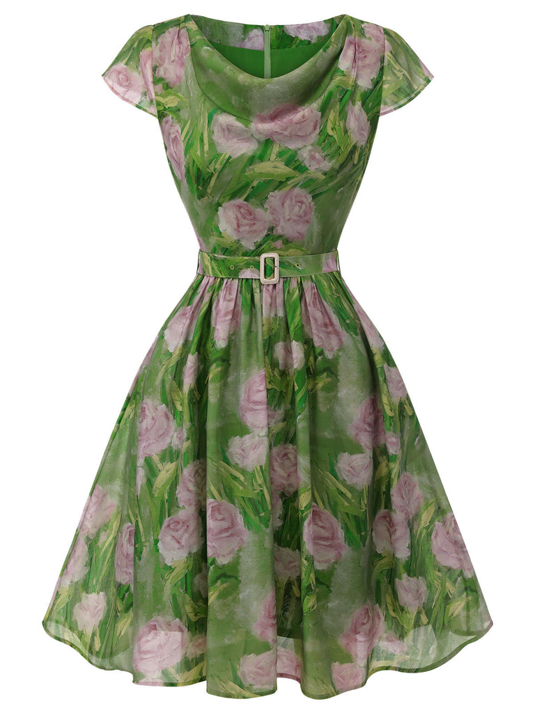 Abito rosa dipinto a olio verde anni '60