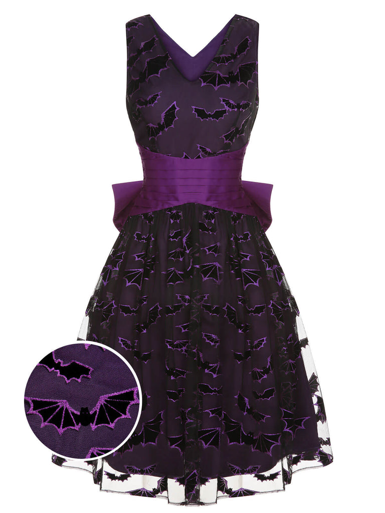 Abito con pipistrello fiocco Halloween viola scuro anni '50