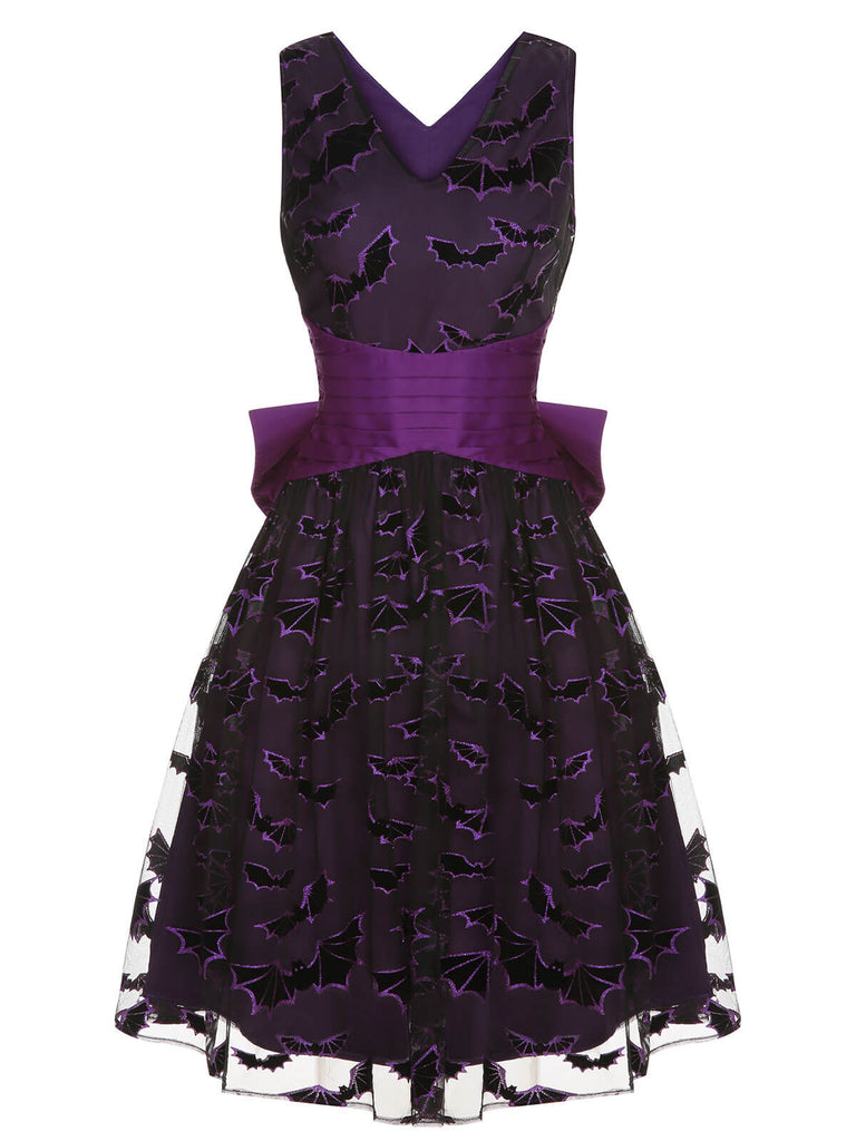 Abito con pipistrello fiocco Halloween viola scuro anni '50
