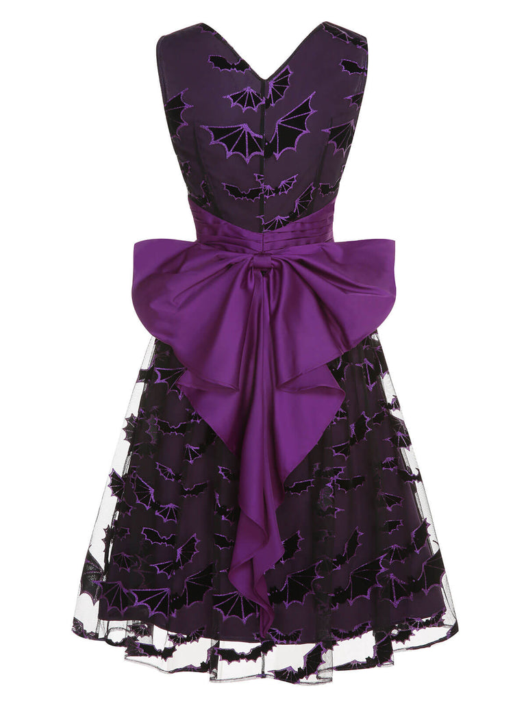 Abito con pipistrello fiocco Halloween viola scuro anni '50