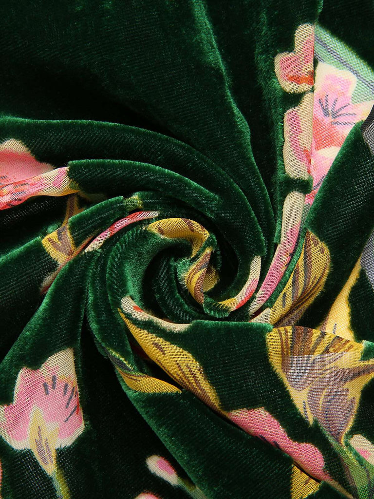 Abito floreale in velluto senza maniche verde anni '30