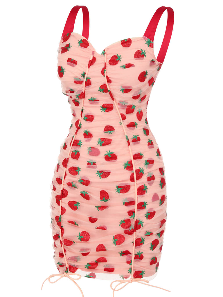 Abito a tubino a fragola con spalline rosa anni '60