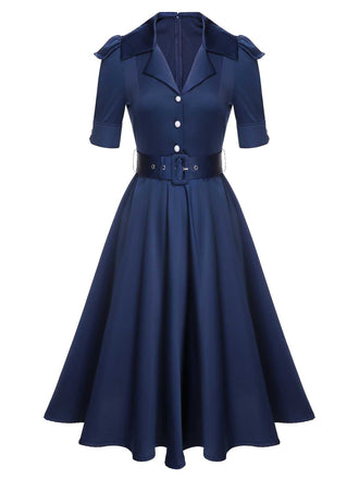 Abito tinta unita con revers a maniche corte blu anni '40