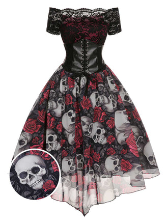 [Prevendita] Abito in rete pizzo teschio rose di Halloween anni '50