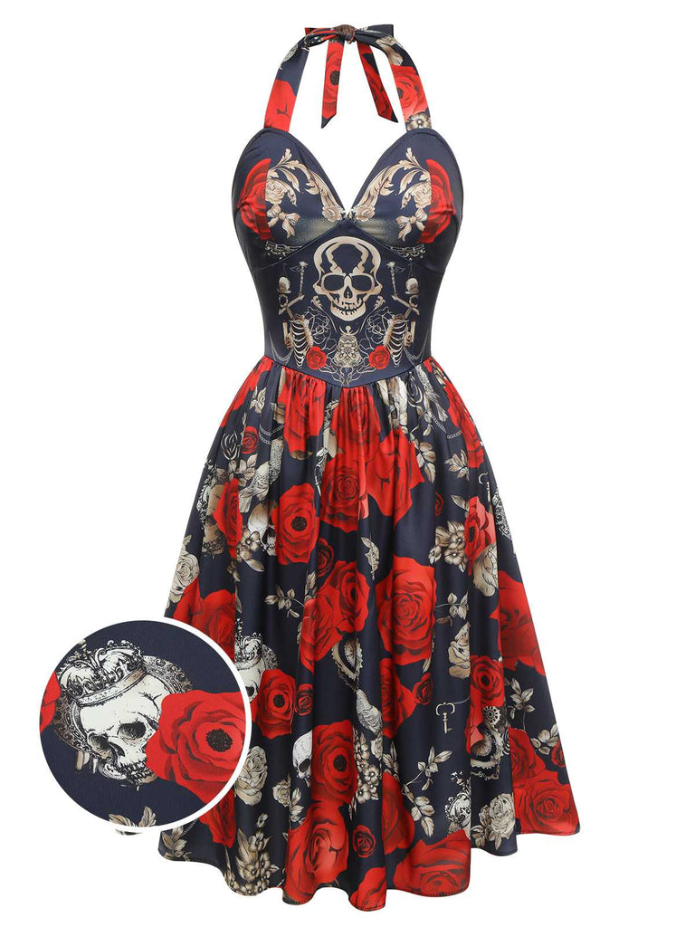 Abito rose e scheletro con scollo a cuore nero anni '50