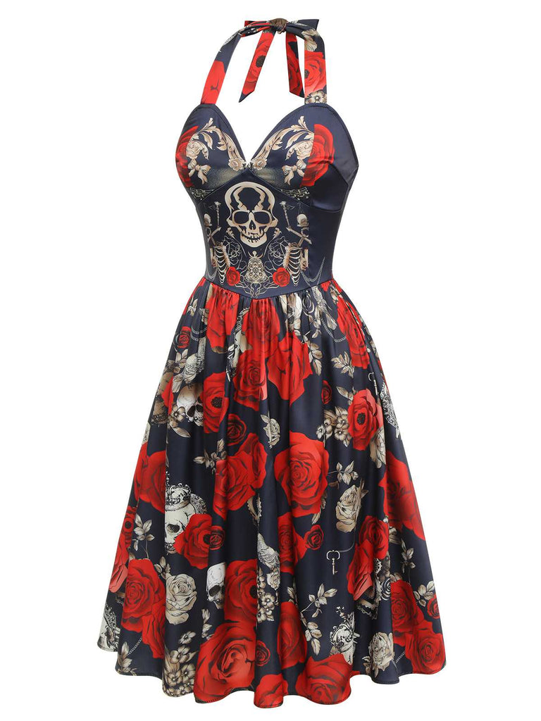 Abito rose e scheletro con scollo a cuore nero anni '50