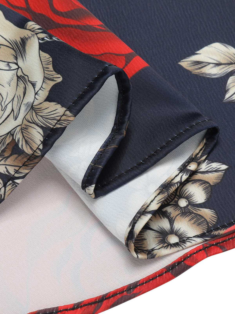 Abito rose e scheletro con scollo a cuore nero anni '50
