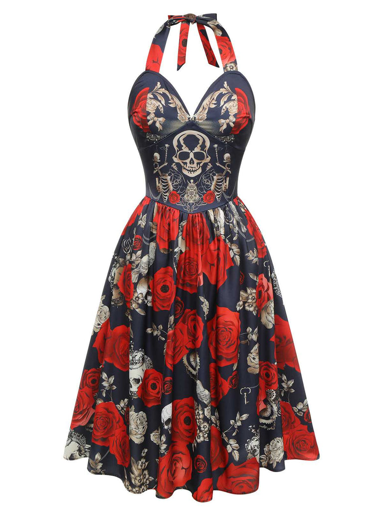Abito rose e scheletro con scollo a cuore nero anni '50