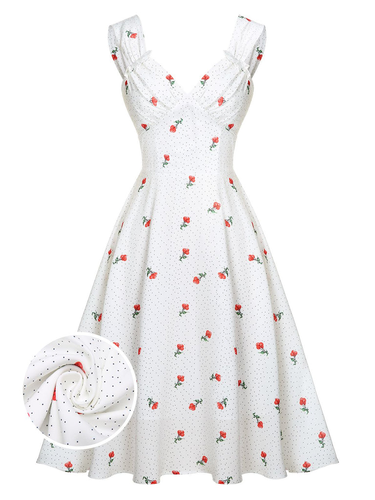 Abito in raso finta pois ciliegia bianco anni '50