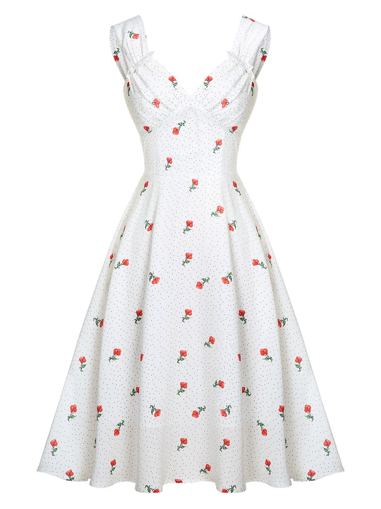 Abito in raso finta pois ciliegia bianco anni '50