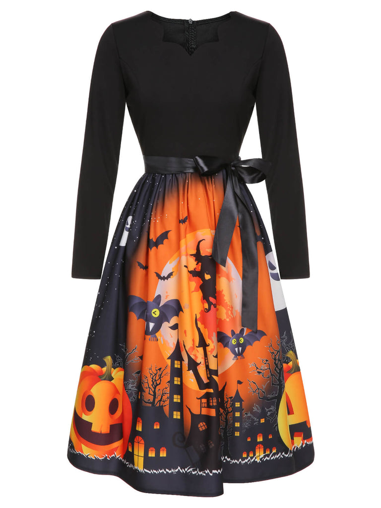 Abito a ruota nero a maniche lunghe per Halloween anni '50