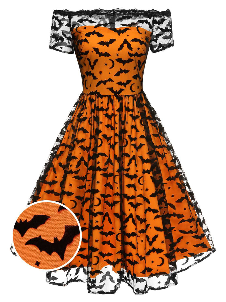 Abito a ruota con spalle scoperte in pizzo Halloween anni '50