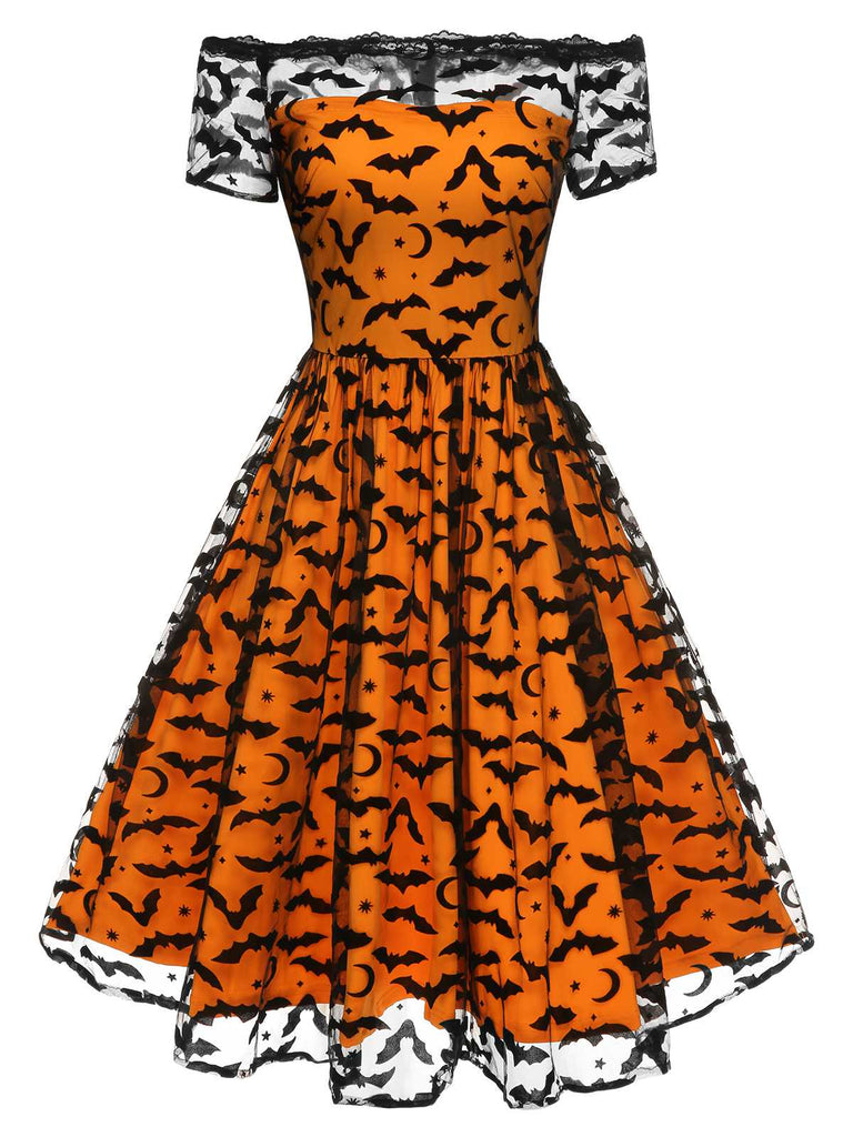 Abito a ruota con spalle scoperte in pizzo Halloween anni '50