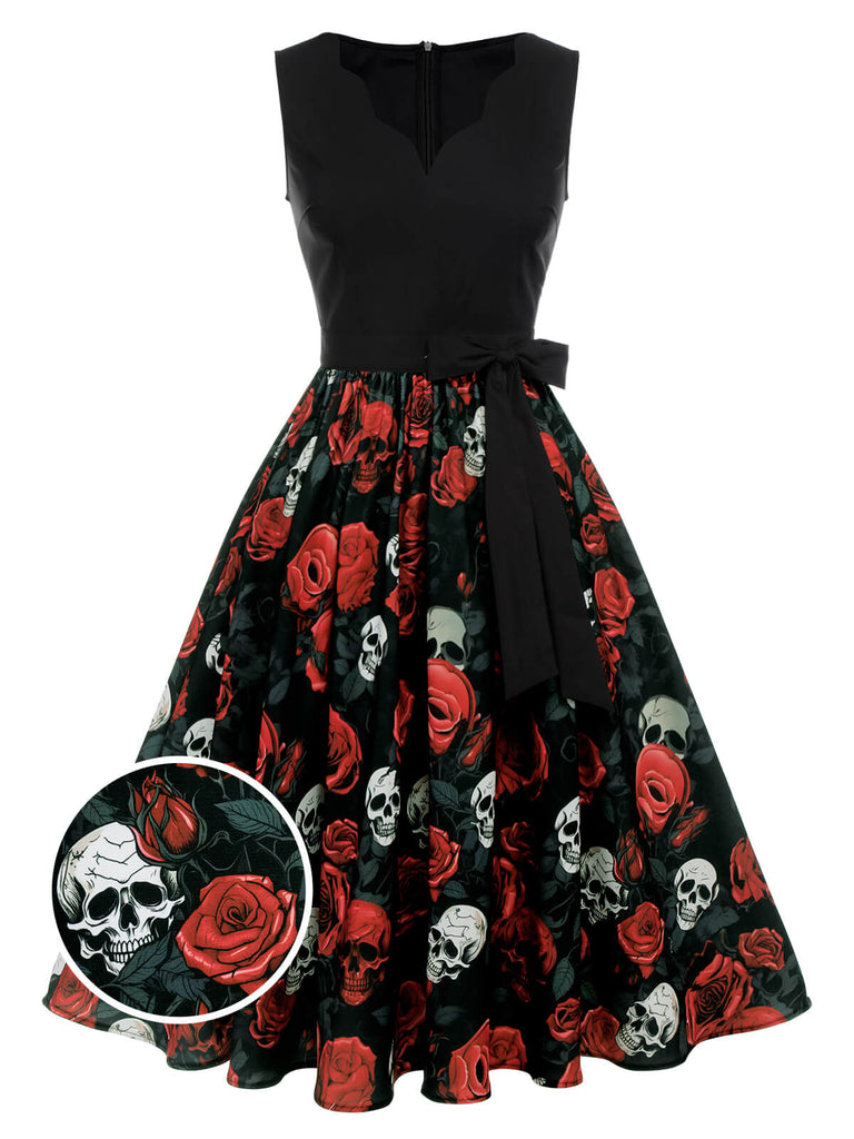 Abito teschio e rosa Halloween senza maniche nero anni '50