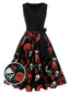 Abito teschio e rosa Halloween senza maniche nero anni '50