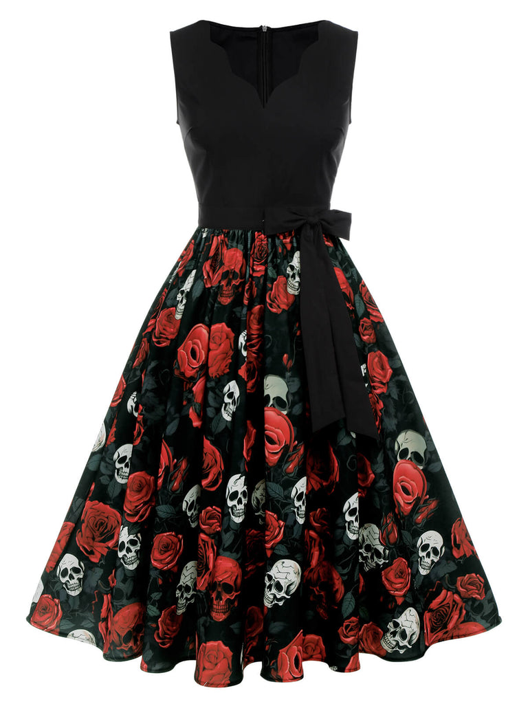 Abito teschio e rosa Halloween senza maniche nero anni '50