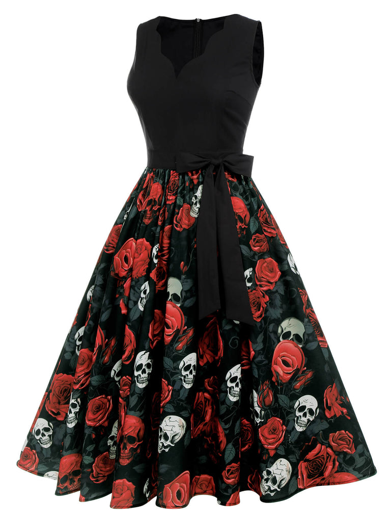 Abito teschio e rosa Halloween senza maniche nero anni '50