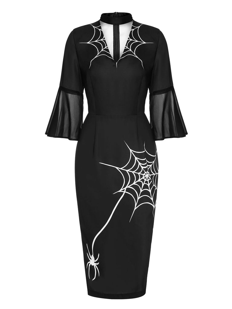 Abito tubino con rete a ragnatela di Halloween nero anni '60