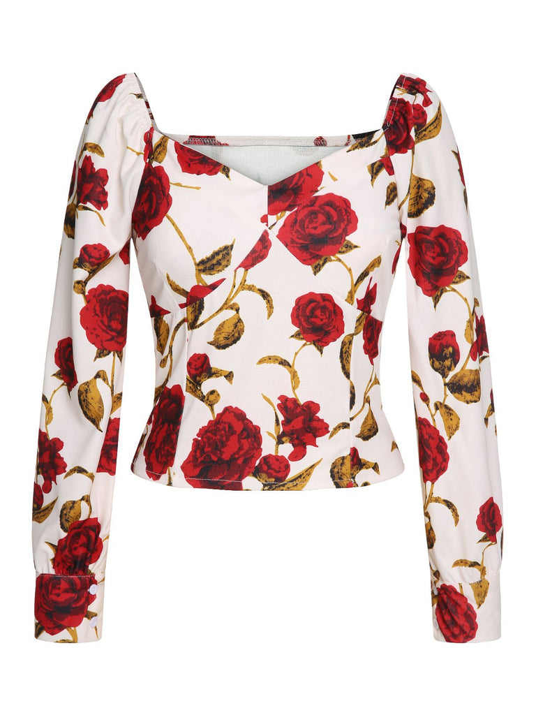 2PCS Camicetta rose e gonna plissettata rosso anni '60