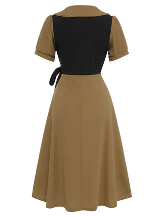 Abito a trapezio con revers falso 2 pezzi cachi anni '40