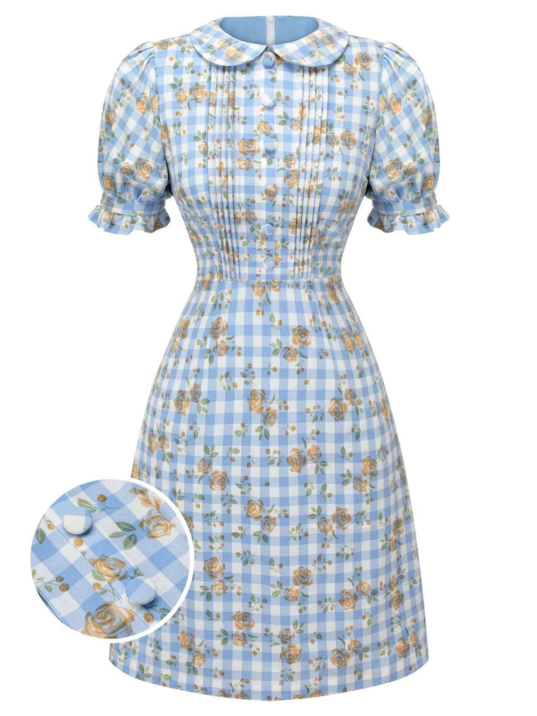Abito plaid floreale con maniche a sbuffo blu anni '60