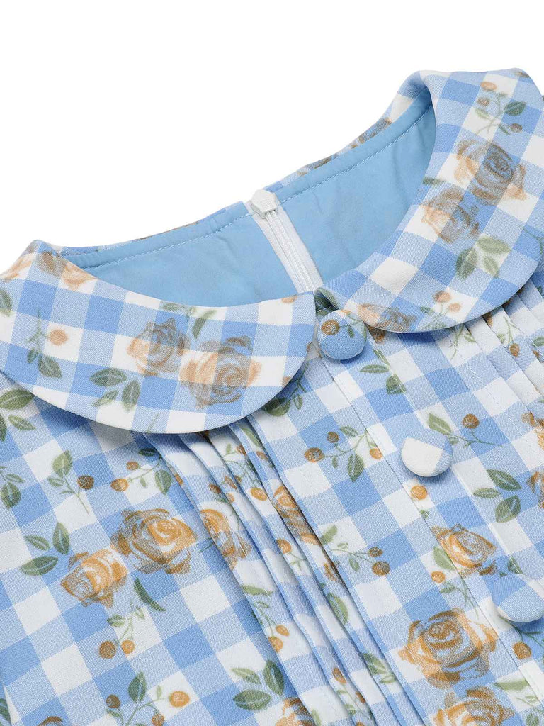 Abito plaid floreale con maniche a sbuffo blu anni '60